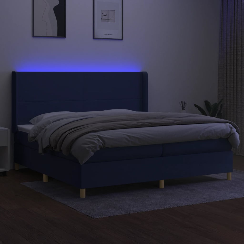 Cama box spring c/ colchão e LED 200x200 cm tecido azul