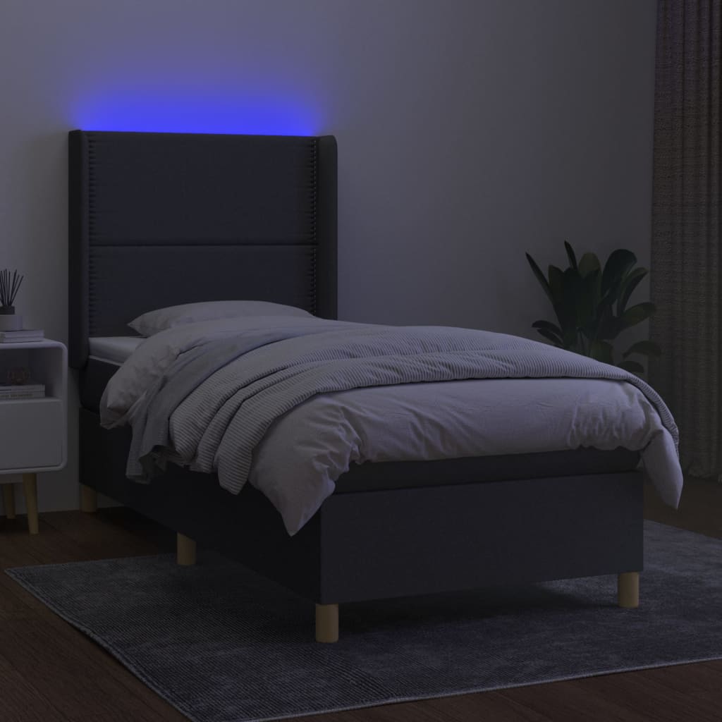 Cama box spring c/ colchão e LED 90x190 cm tecido cinza-escuro