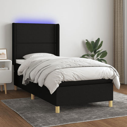 Cama box spring c/ colchão e LED 90x200 cm tecido preto