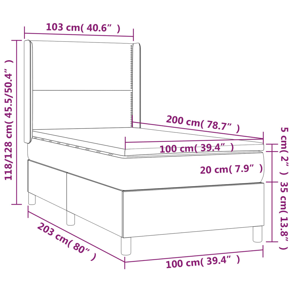 Cama box spring c/ colchão e LED 100x200 cm tecido cor creme