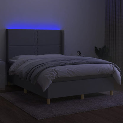 Cama box spring c/ colchão e LED 140x190 cm tecido cinza-claro