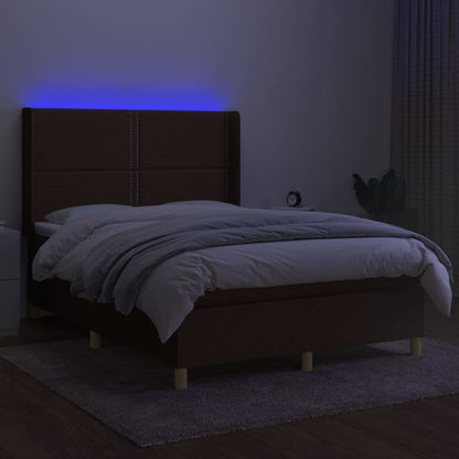 Cama box spring c/ colchão/LED 140x190cm tecido castanho-escuro