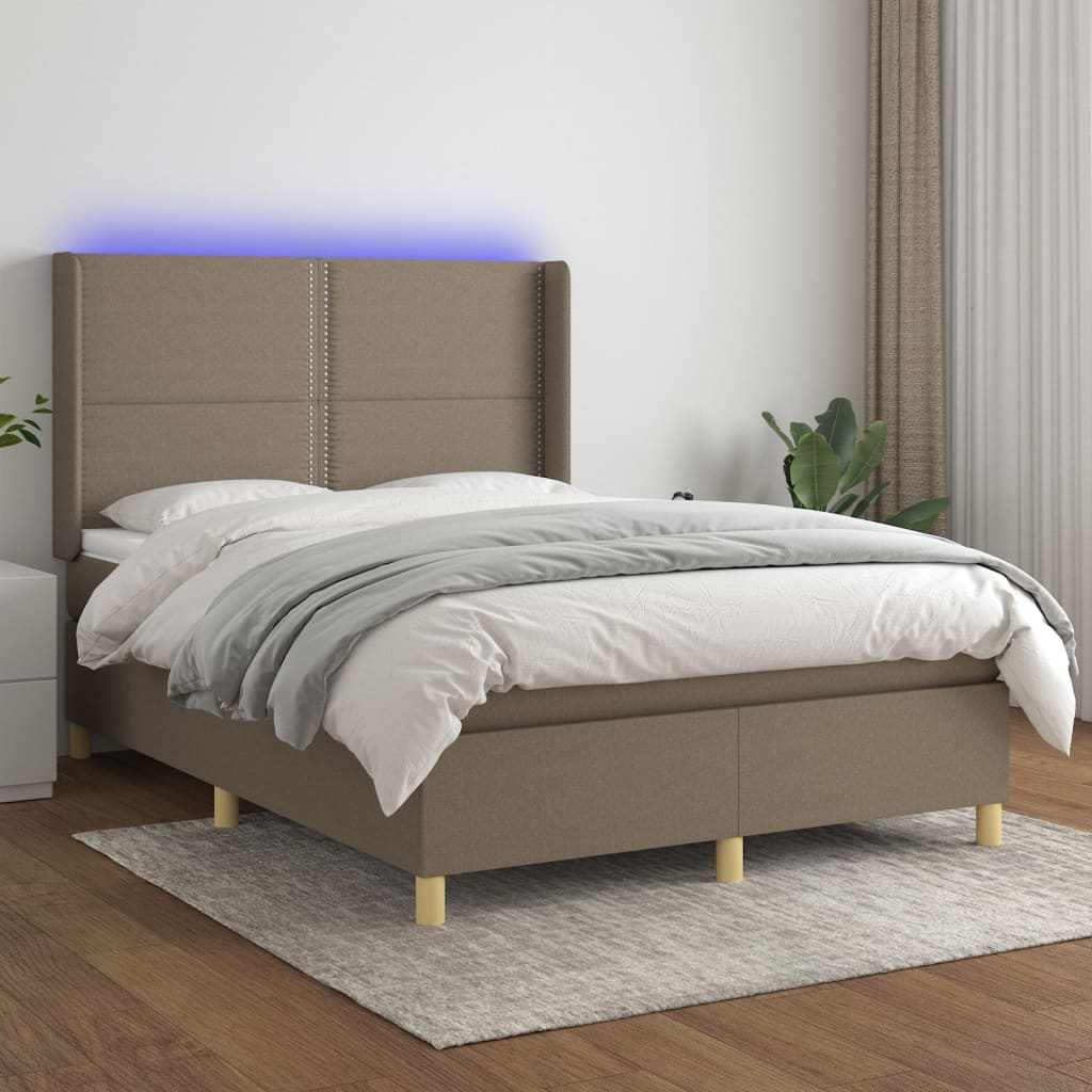 Cama box spring colchão/LED 140x190cm tecido cinza-acastanhado