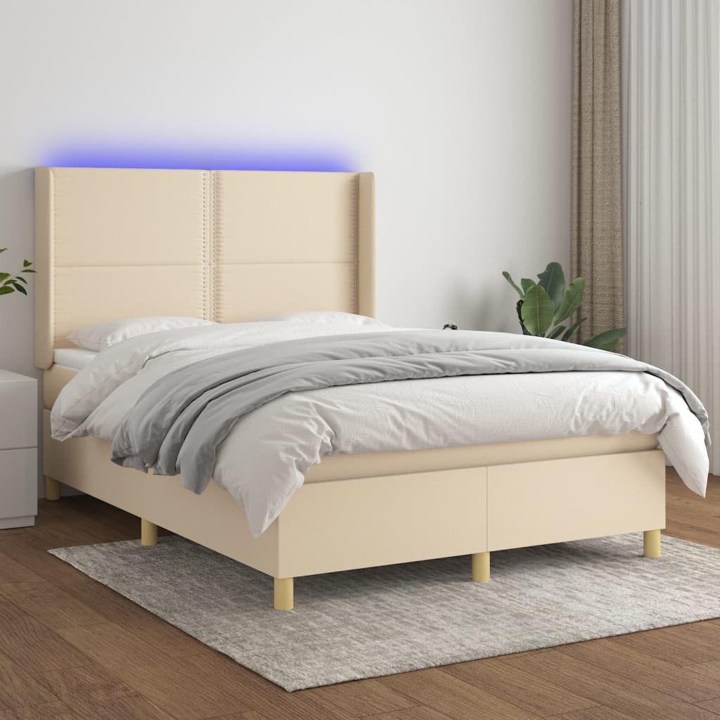 Cama box spring c/ colchão e LED 140x190 cm tecido cor creme