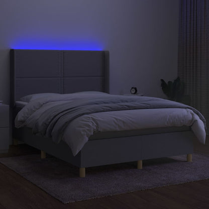 Cama box spring c/ colchão e LED 140x200 cm tecido cinza-claro