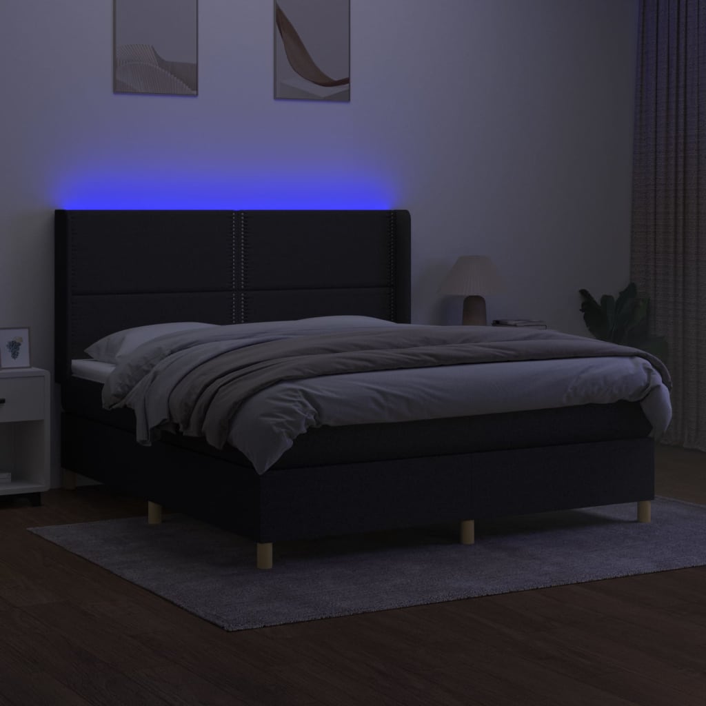 Cama box spring c/ colchão e LED 160x200 cm tecido preto