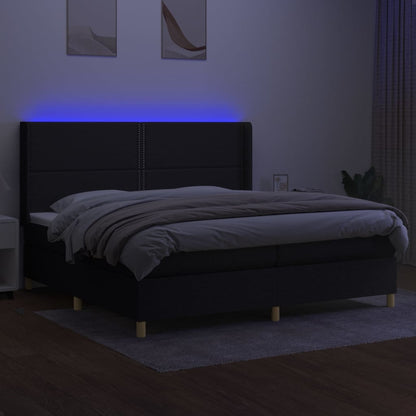 Cama box spring c/ colchão e LED 200x200 cm tecido preto