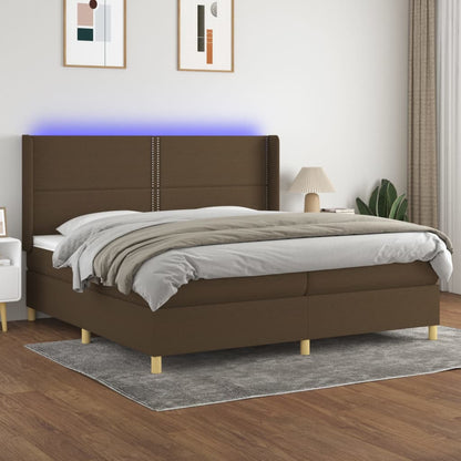 Cama box spring c/ colchão/LED 200x200cm tecido castanho-escuro