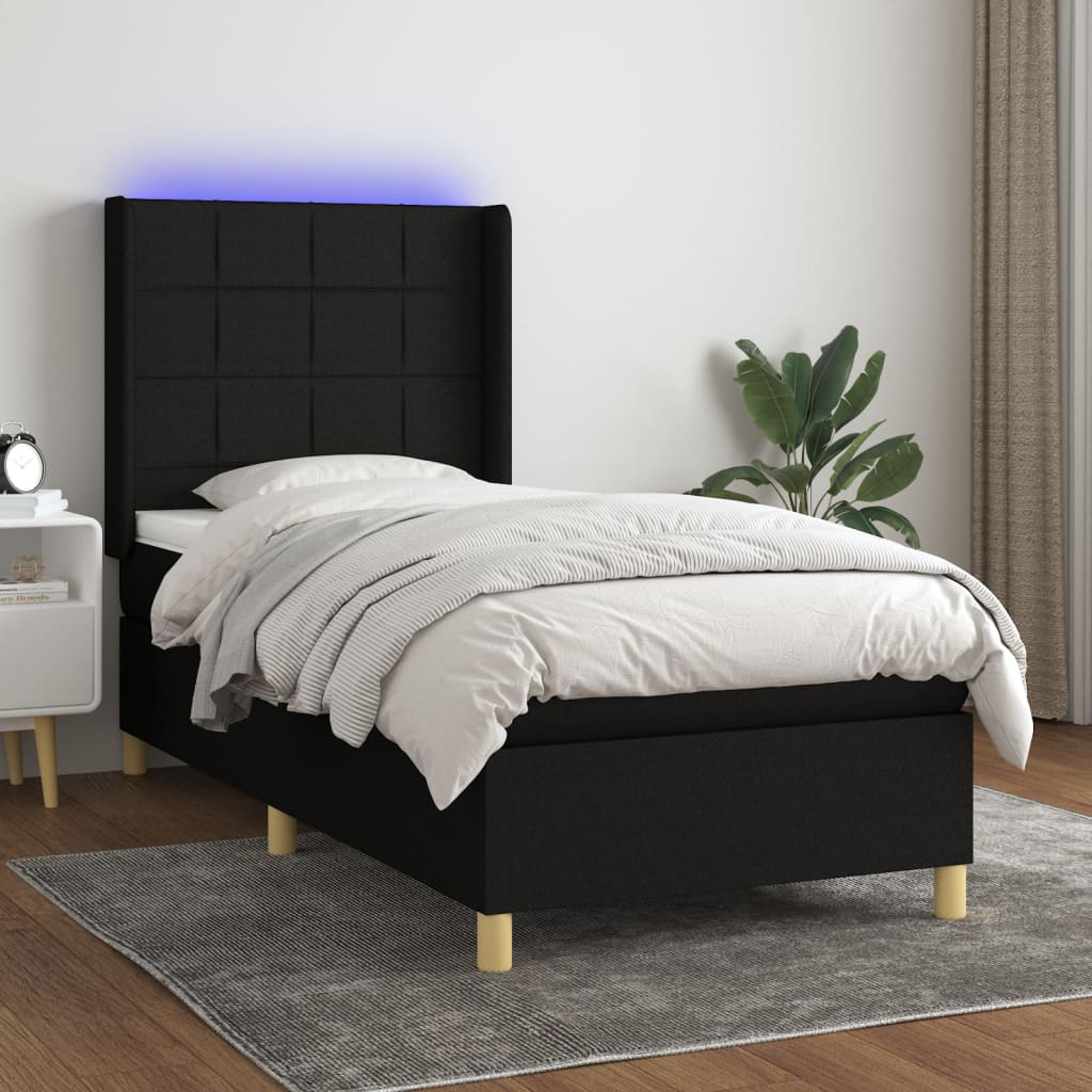 Cama box spring c/ colchão e LED 80x200 cm tecido preto