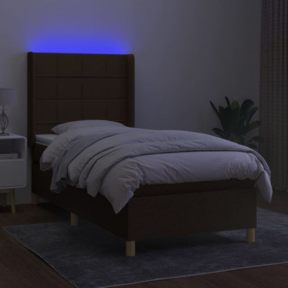 Cama box spring c/ colchão/LED 90x200 cm tecido castanho-escuro