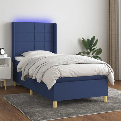 Cama box spring c/ colchão e LED 90x200 cm tecido azul