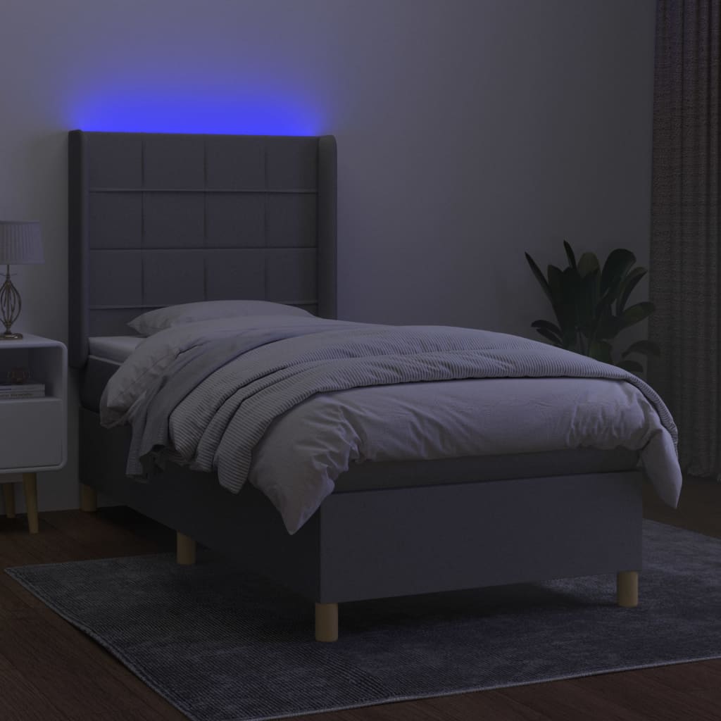 Cama box spring c/ colchão e LED 100x200 cm tecido cinza-claro