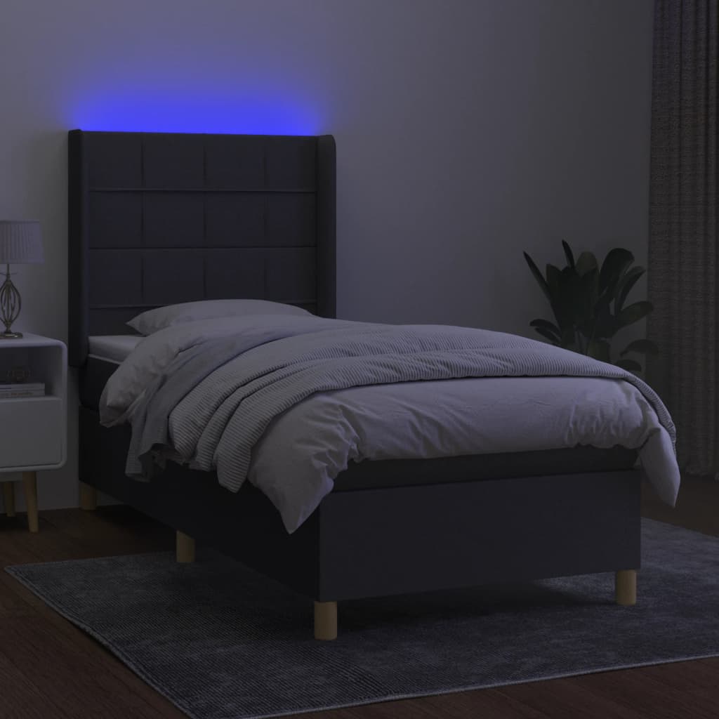 Cama box spring c/ colchão e LED 100x200 cm tecido cinza-escuro