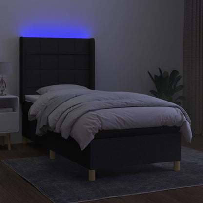 Cama box spring c/ colchão e LED 100x200 cm tecido preto