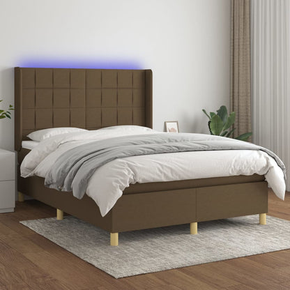 Cama box spring c/ colchão/LED 140x190cm tecido castanho-escuro