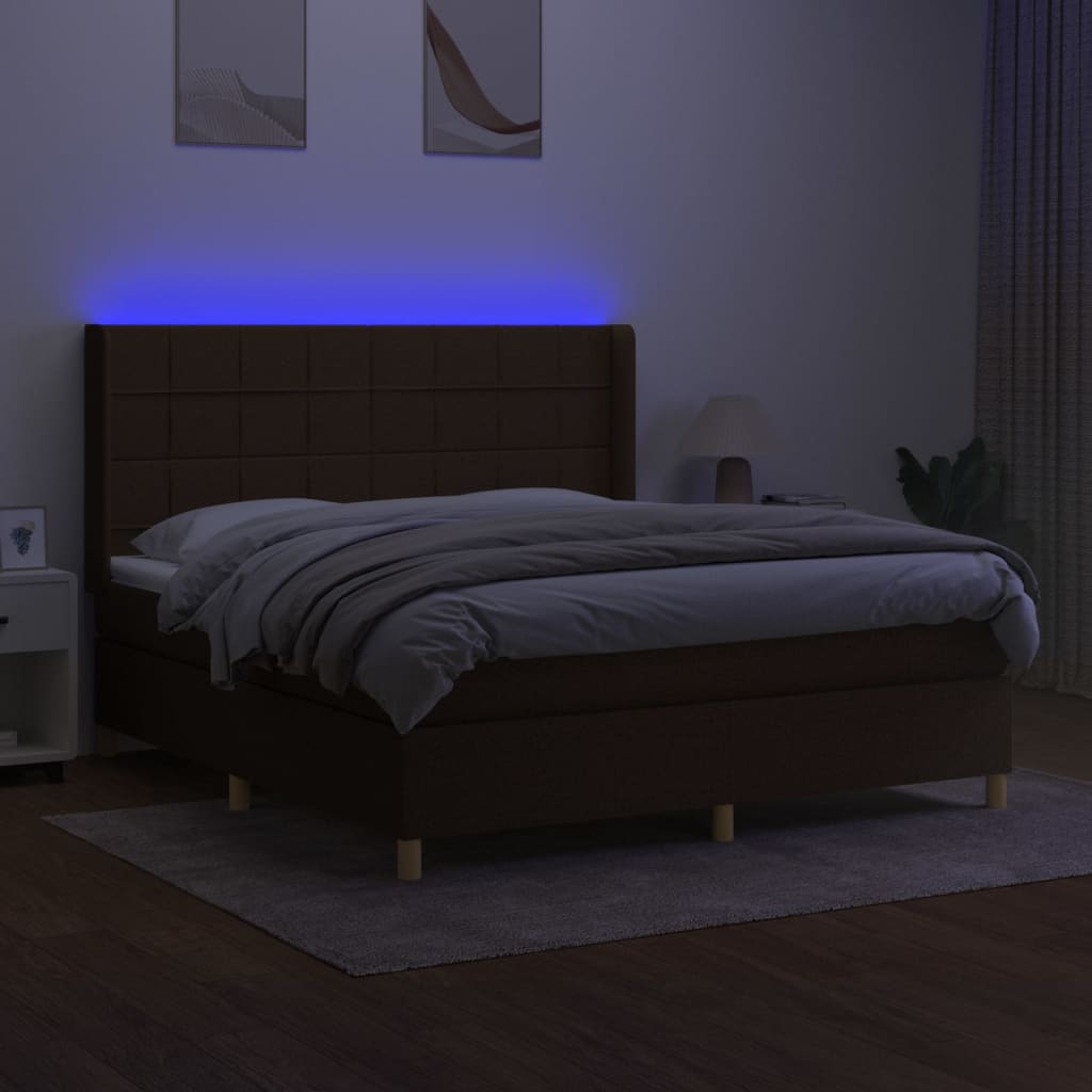 Cama box spring c/ colchão/LED 180x200cm tecido castanho-escuro