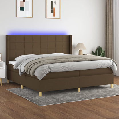 Cama box spring c/ colchão/LED 200x200cm tecido castanho-escuro