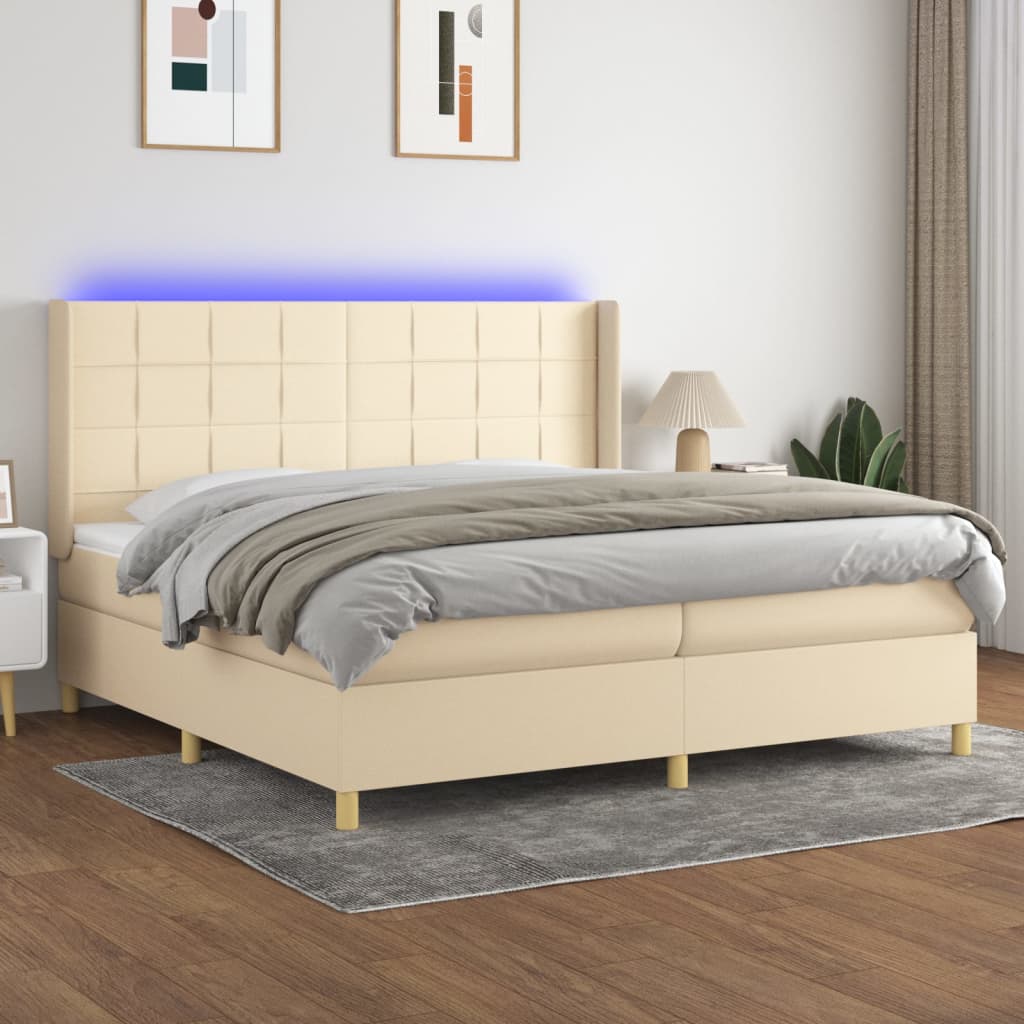 Cama box spring c/ colchão e LED 200x200 cm tecido cor creme