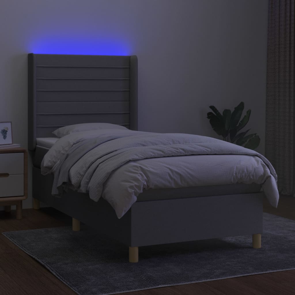 Cama box spring c/ colchão e LED 80x200 cm tecido cinza-claro