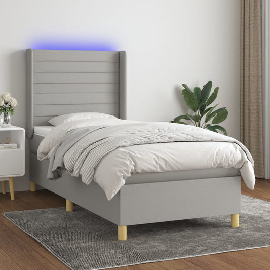 Cama box spring c/ colchão e LED 90x190 cm tecido cinza-claro