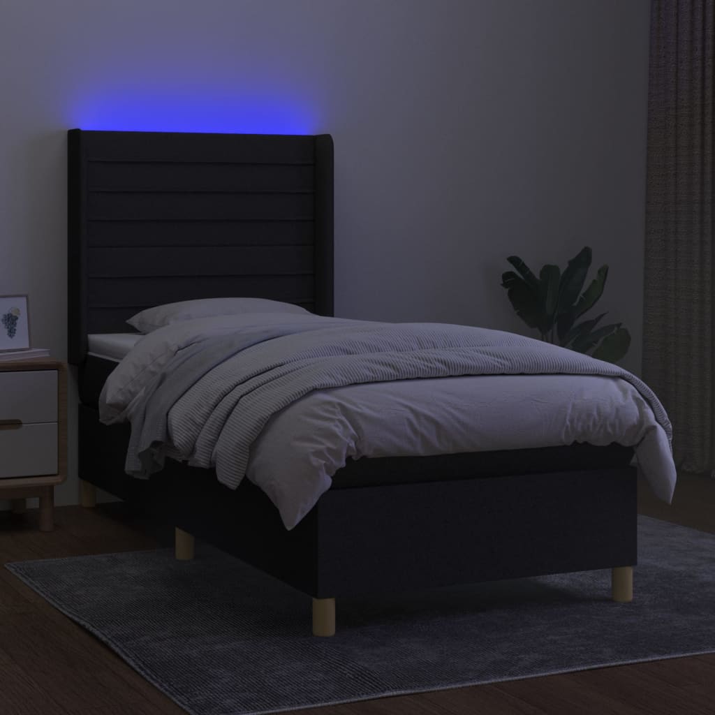 Cama box spring c/ colchão e LED 90x190 cm tecido preto