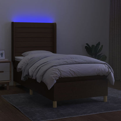 Cama box spring c/ colchão/LED 90x190 cm tecido castanho-escuro