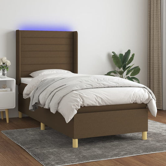 Cama box spring c/ colchão/LED 90x200 cm tecido castanho-escuro