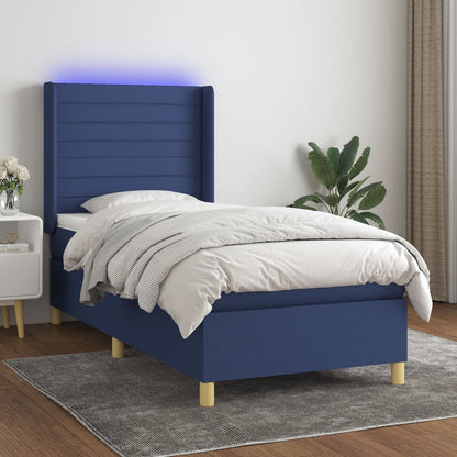 Cama box spring c/ colchão e LED 90x200 cm tecido azul