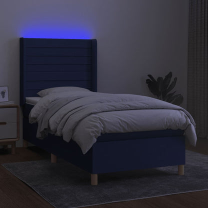 Cama box spring c/ colchão e LED 100x200 cm tecido azul