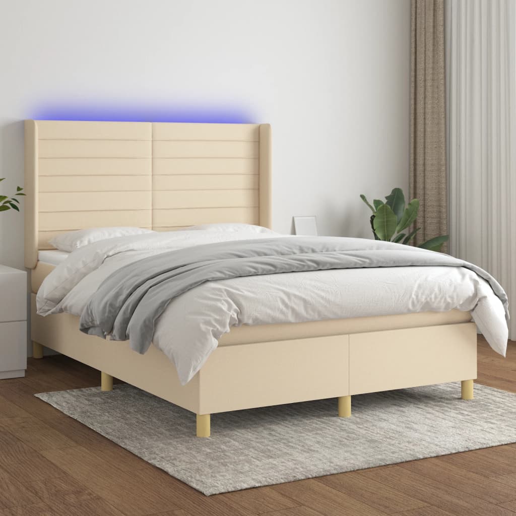 Cama box spring c/ colchão e LED 140x190 cm tecido cor creme