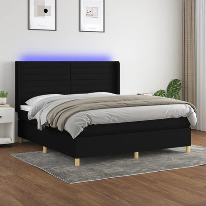 Cama box spring c/ colchão e LED 160x200 cm tecido preto