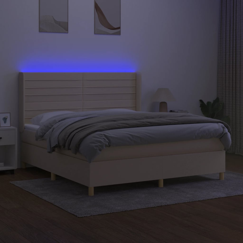 Cama box spring c/ colchão e LED 160x200 cm tecido cor creme