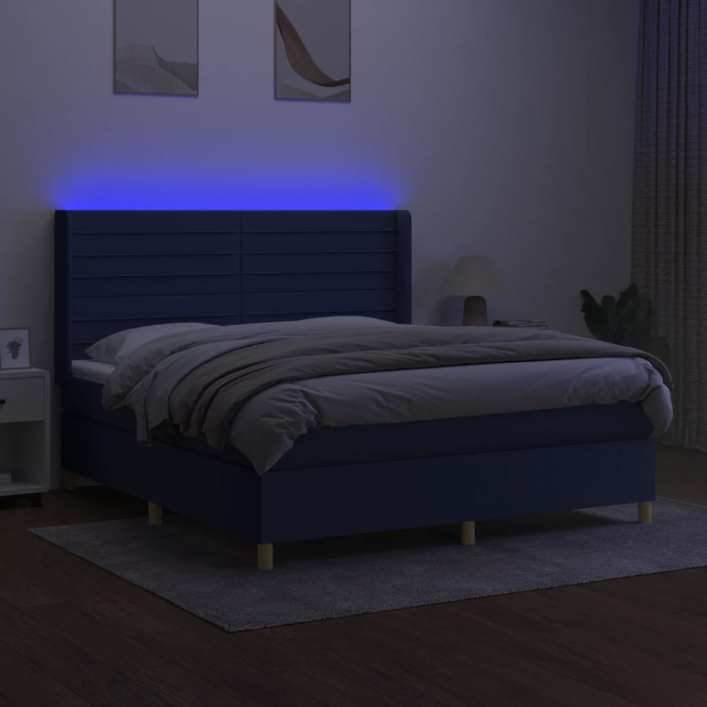 Cama box spring c/ colchão e LED 160x200 cm tecido azul