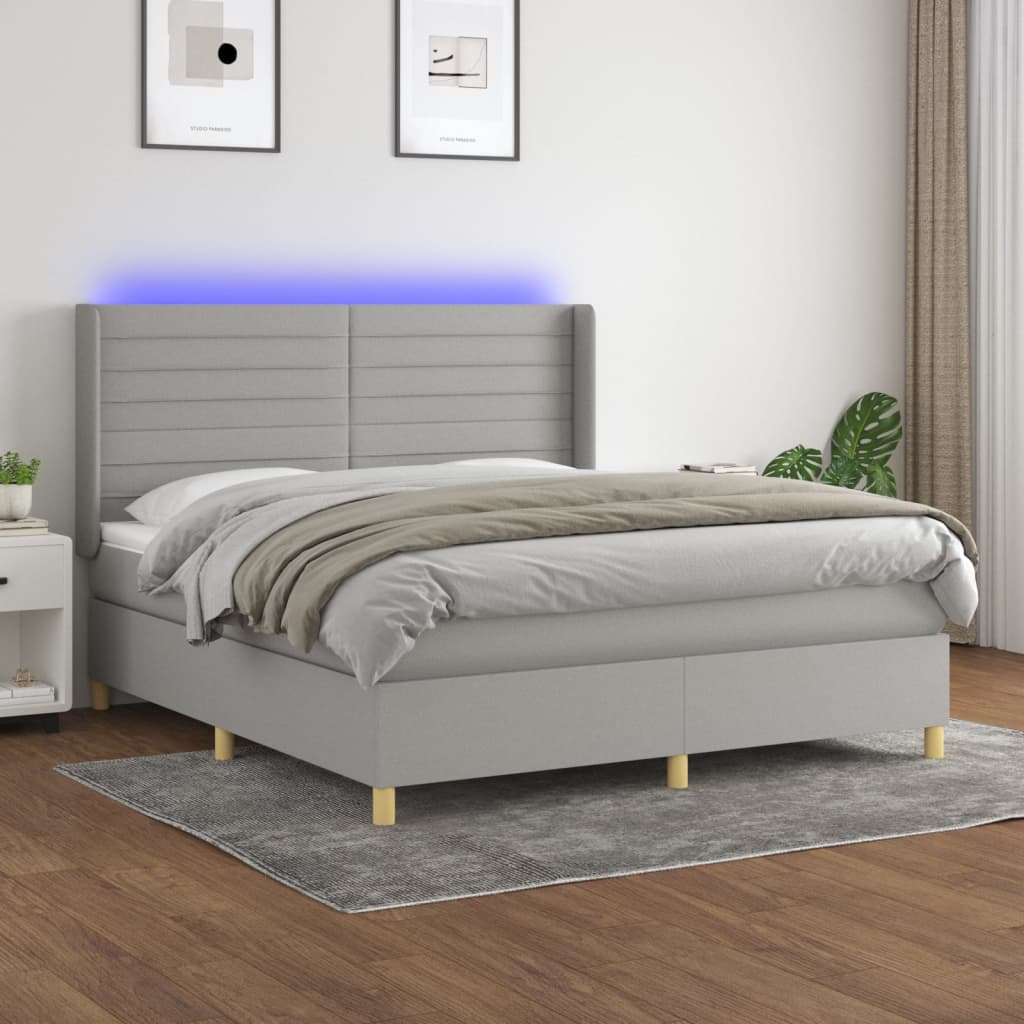 Cama box spring c/ colchão e LED 180x200 cm tecido cinza-claro