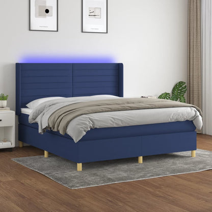 Cama box spring c/ colchão e LED 180x200 cm tecido azul