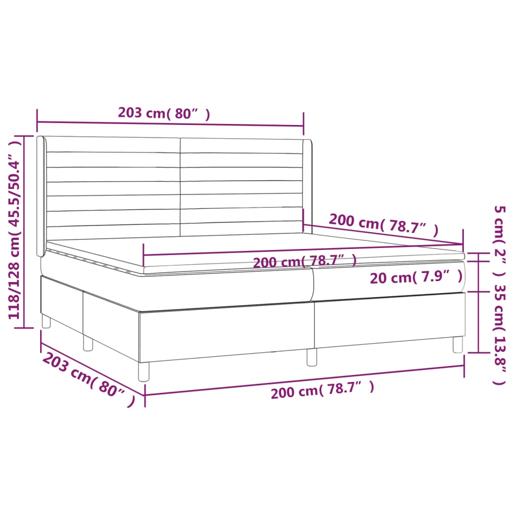 Cama box spring c/ colchão e LED 200x200 cm tecido cinza-claro