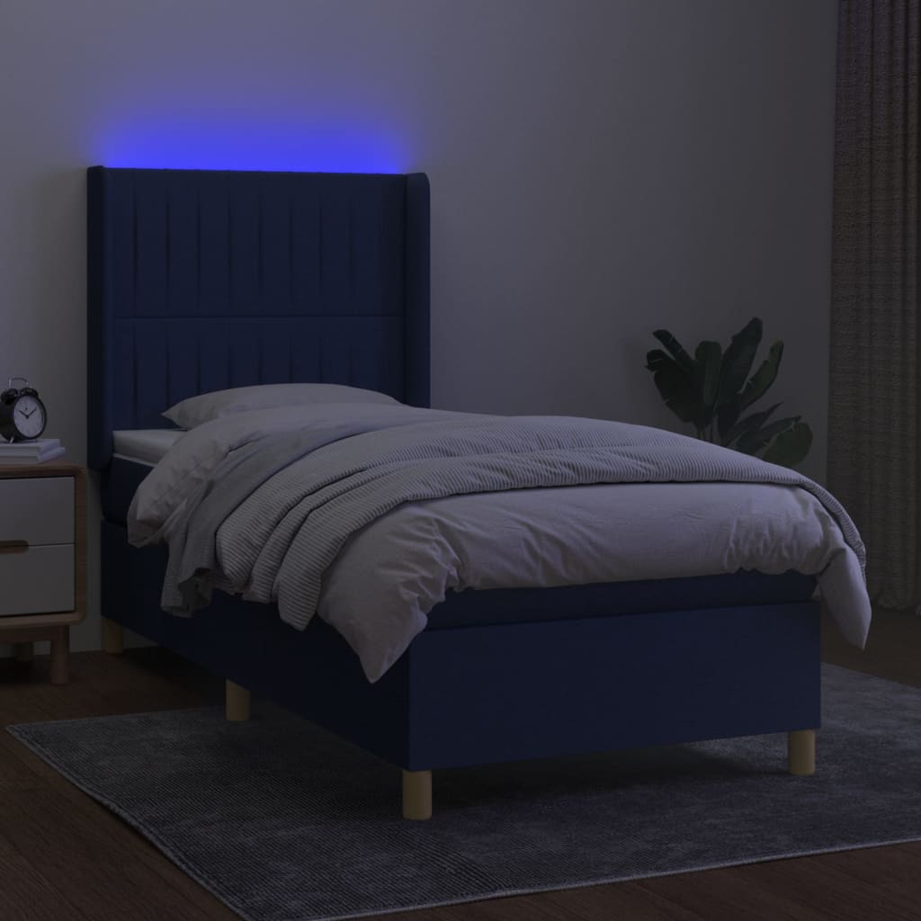 Cama box spring c/ colchão e LED 80x200 cm tecido azul