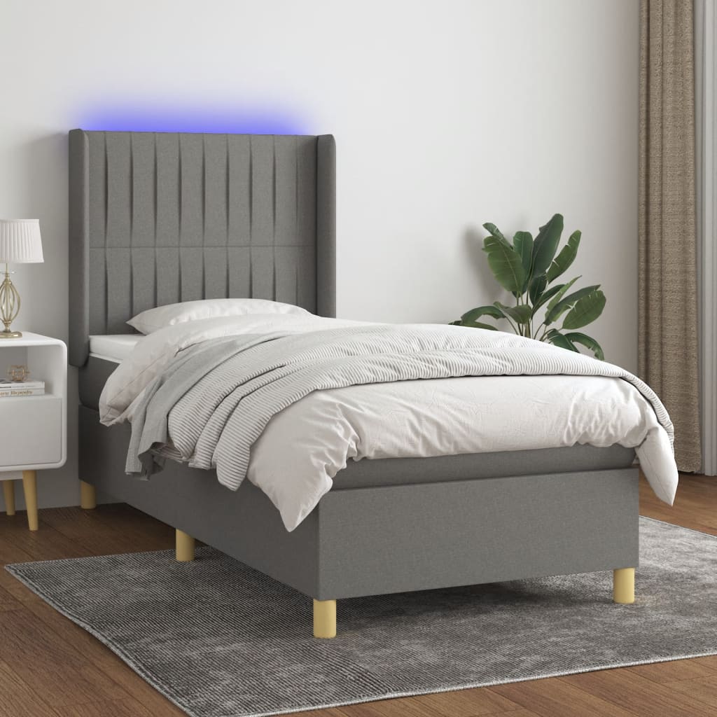 Cama box spring c/ colchão e LED 90x200 cm tecido cinza-escuro