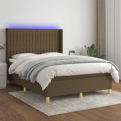 Cama box spring c/ colchão/LED 140x190cm tecido castanho-escuro