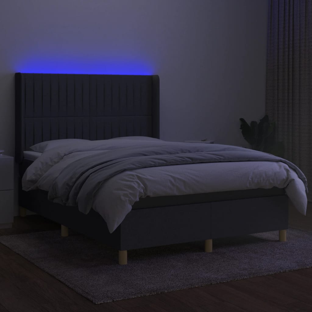 Cama box spring c/ colchão e LED 140x200 cm tecido cinza-escuro