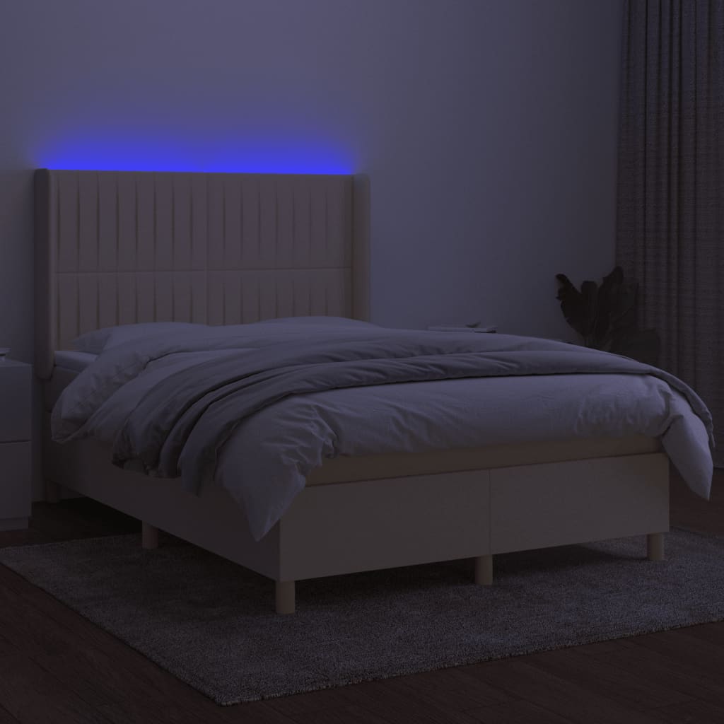 Cama box spring c/ colchão e LED 140x200 cm tecido cor creme