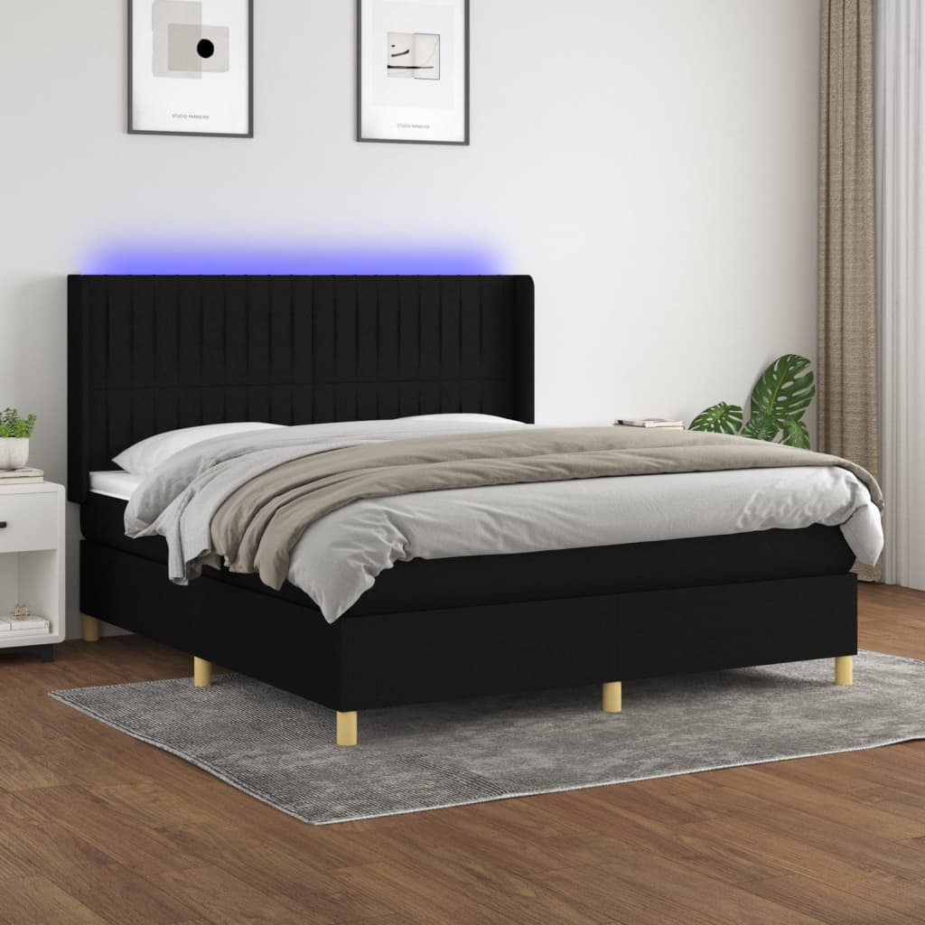 Cama box spring c/ colchão e LED 160x200 cm tecido preto