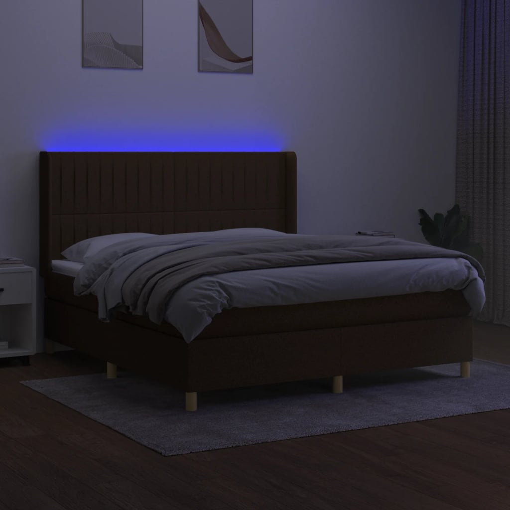 Cama box spring c/ colchão/LED 160x200cm tecido castanho-escuro