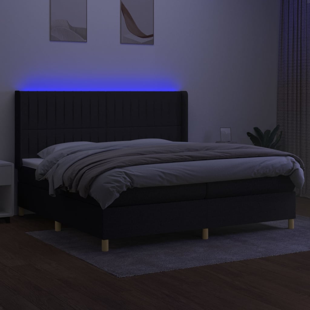 Cama box spring c/ colchão e LED 200x200 cm tecido preto