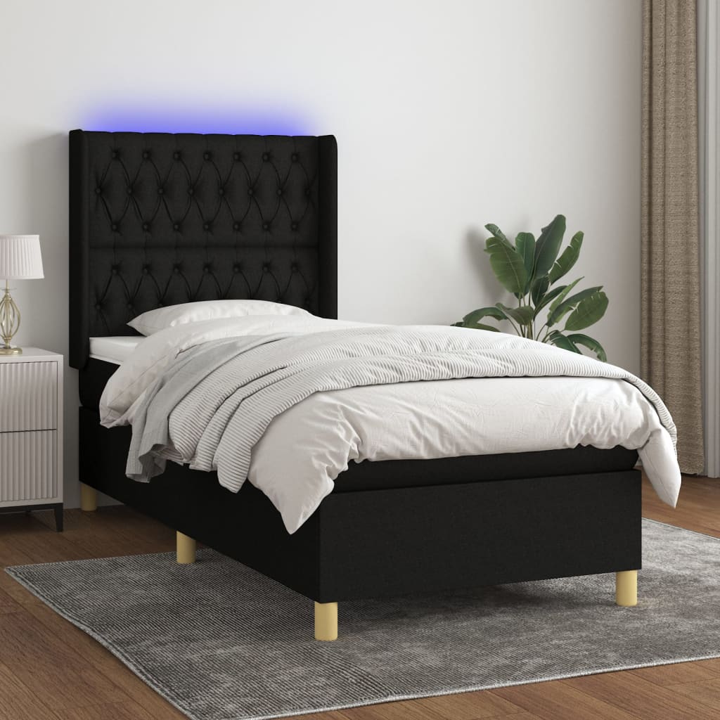 Cama box spring c/ colchão e LED 80x200 cm tecido preto