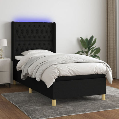 Cama box spring c/ colchão e LED 90x190 cm tecido preto