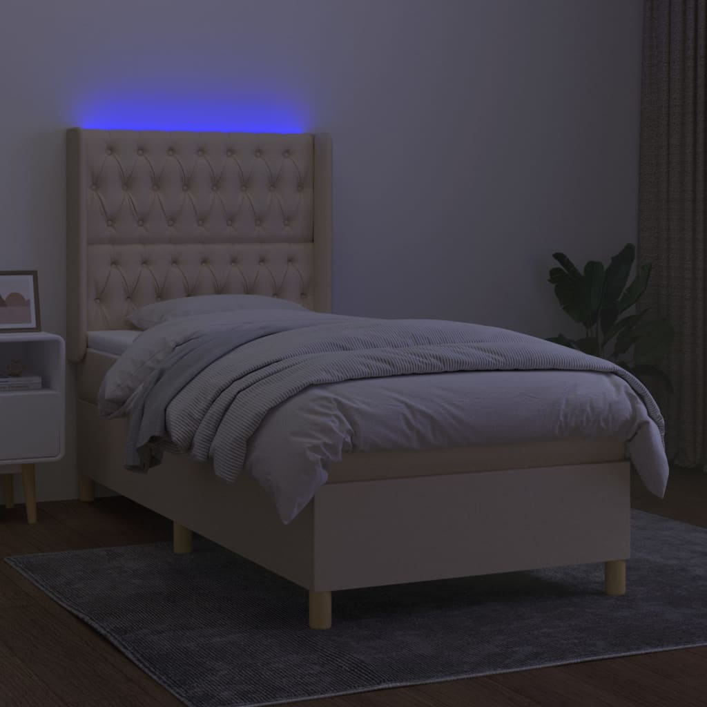 Cama box spring c/ colchão e LED 90x200 cm tecido cor creme