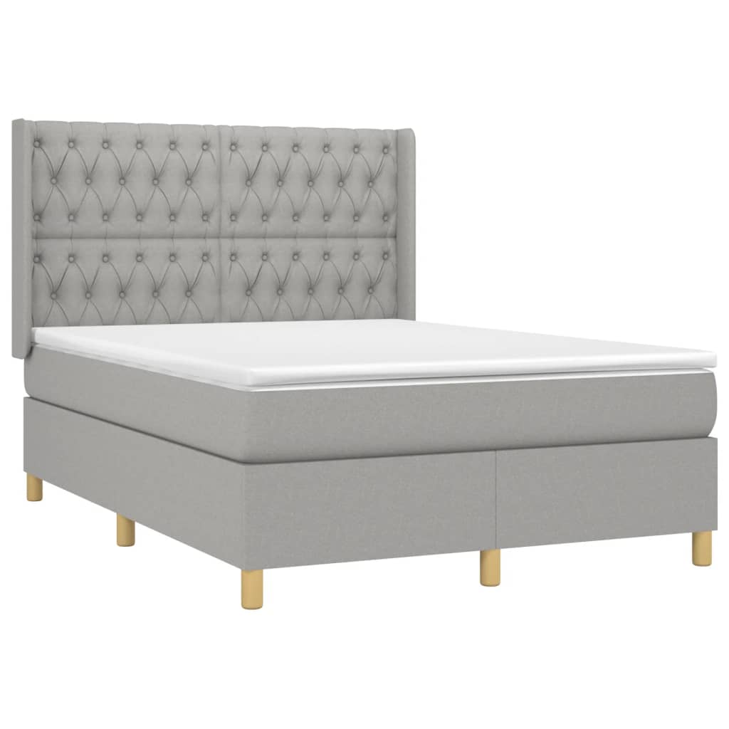 Cama box spring c/ colchão e LED 140x190 cm tecido cinza-claro