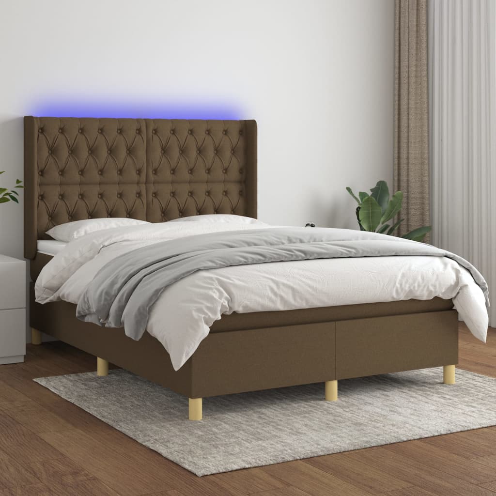 Cama box spring c/ colchão/LED 140x200cm tecido castanho-escuro