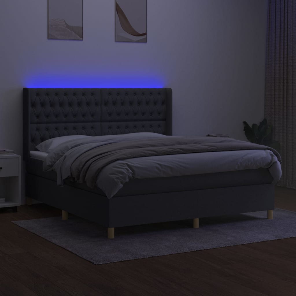 Cama box spring c/ colchão e LED 160x200 cm tecido cinza-escuro